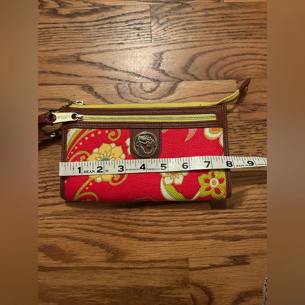 Spartina 449 Women's Red Yellow Linen & Leather Floral Wristlet W/ Gold Accents